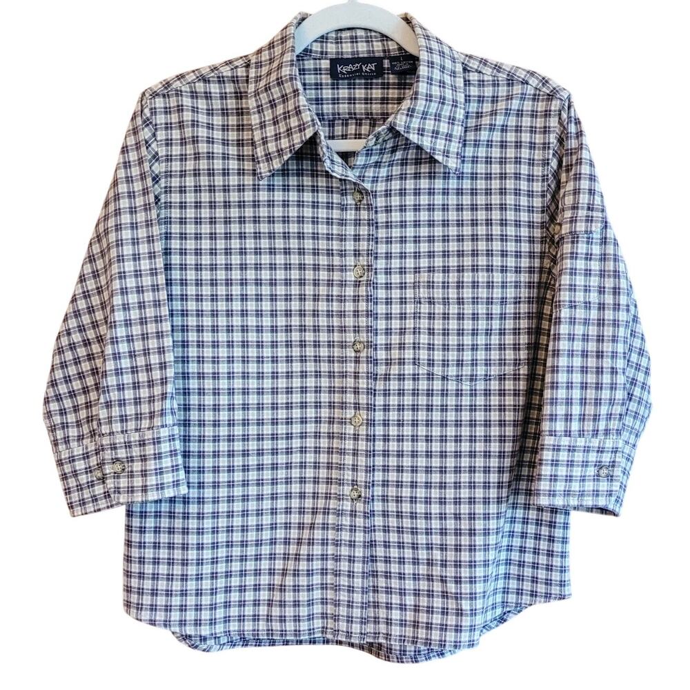 Vintage Krazy Kat Plaid Shirt 3/4 Sleeve Button Front Cotton Sleeve Pocket Large